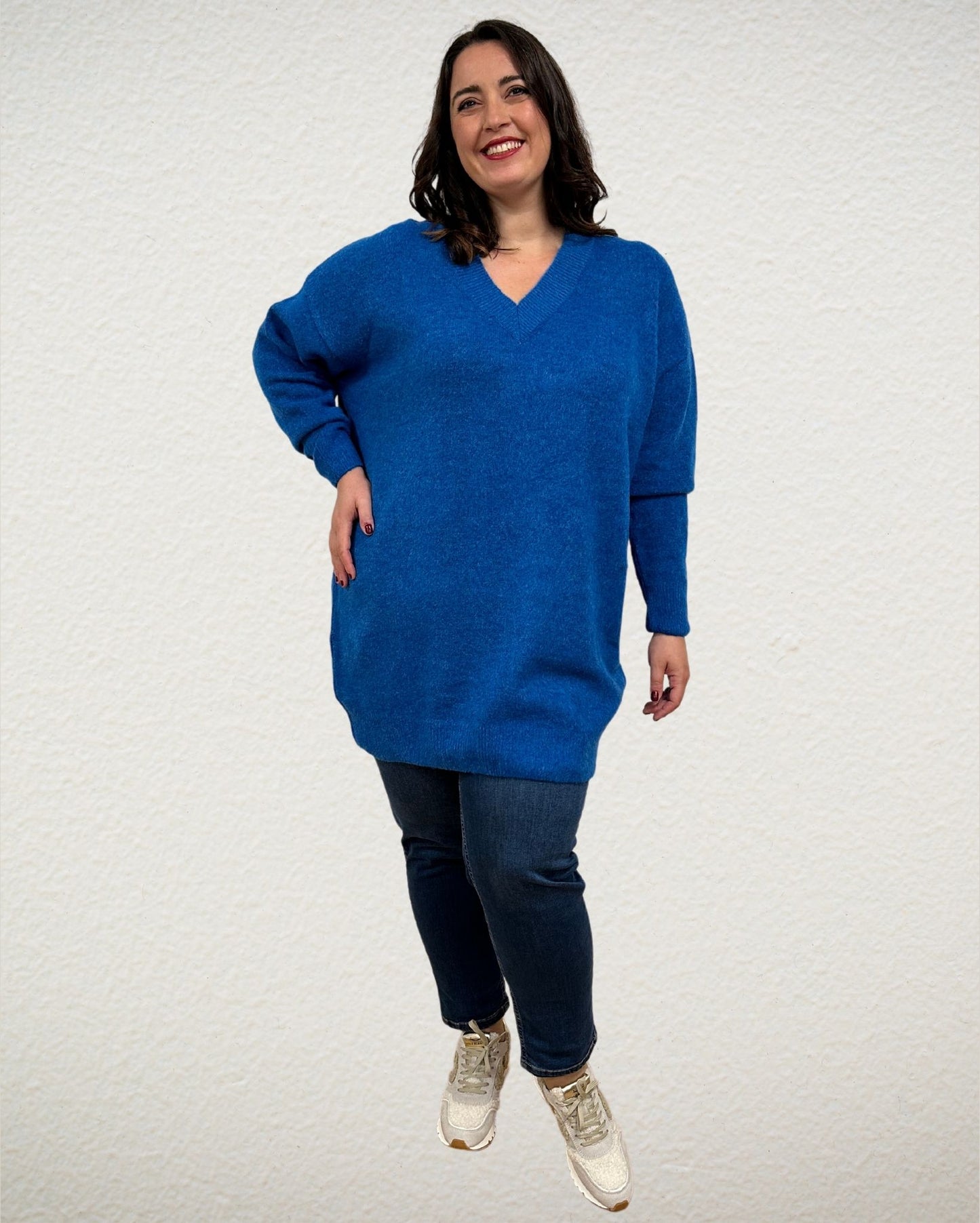 Langer Bouclestrick-Pullover in Türkis