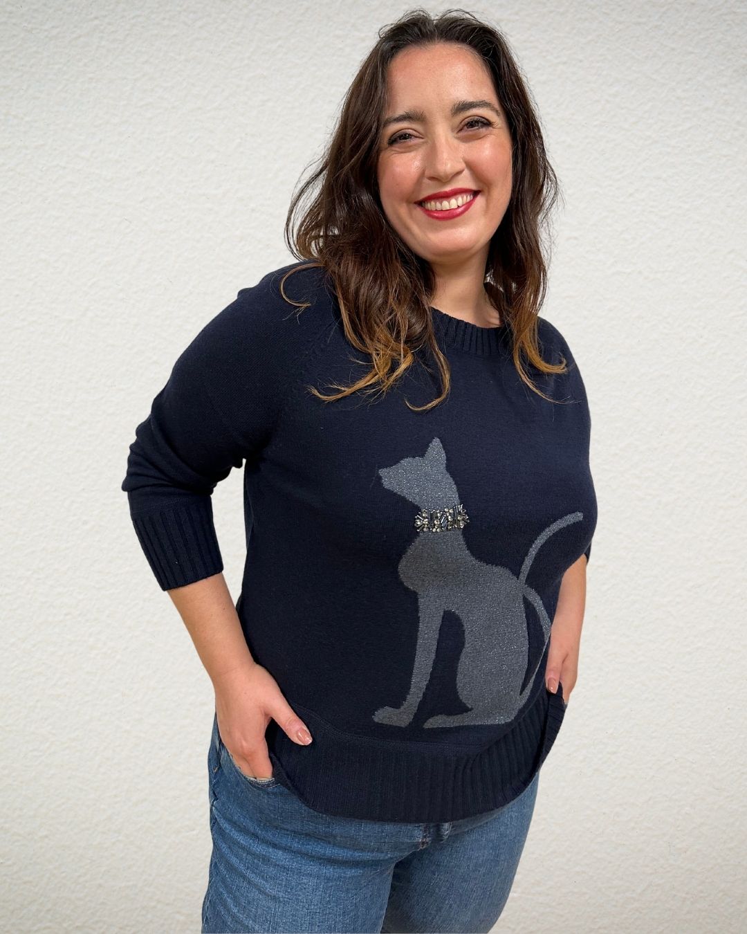 Woll-Pulli in Marine mit Katzen-Design
