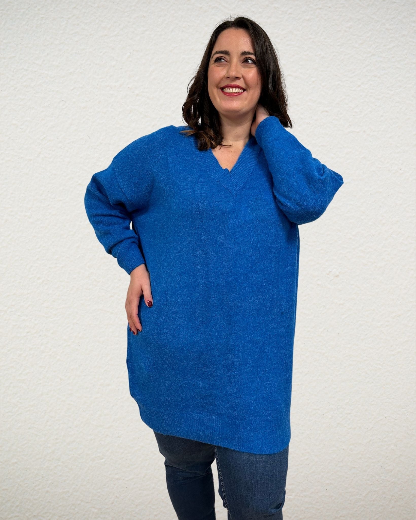 Türkiser V-Ausschnitt Pullover in Boucle von Mat Fashion - grosse Grössen - DE BOER plus Luzern