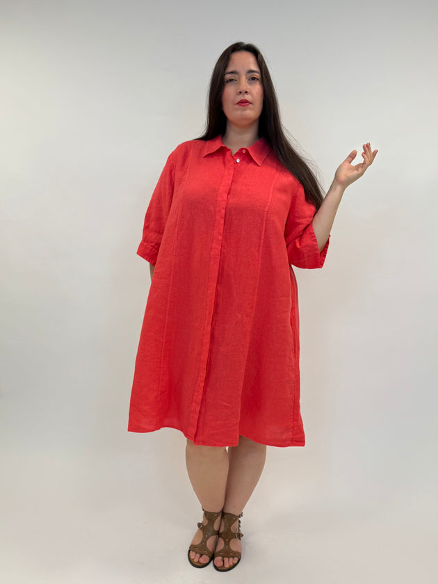 Leinenkleid in Coral mit 3/4 Arm von Backstage_grosse Grössen_DE BOER plus Luzern_1