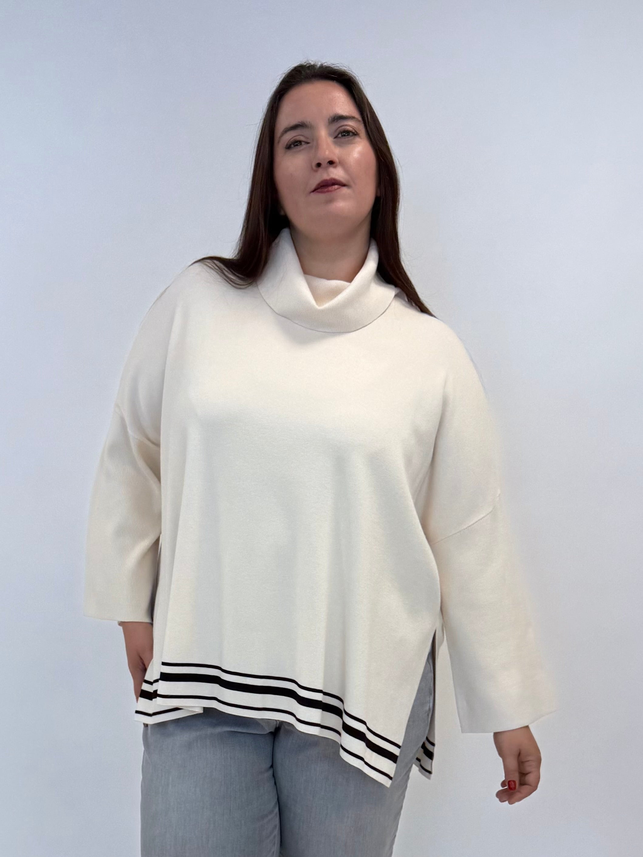 Rollekragen-Pullover in Ecru mit Dekostreifen von Elena Mirò_grossen Grössen_DE BOER plus_1