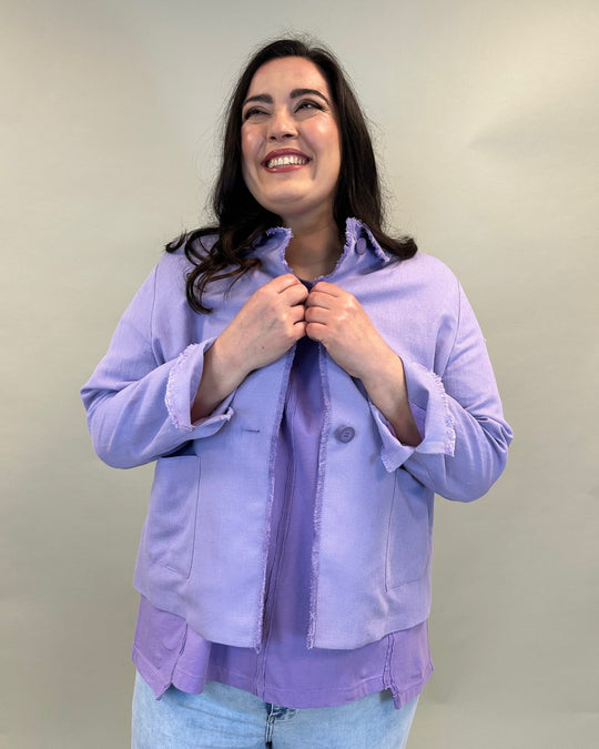 Baumwolljacke in Leinenstruktur mit ausgefransten Kanten von White Label by Rofa_grosse Grössen_ DE BOER plus 